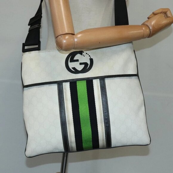 GUCCI GG Supreme Sherry Line Shoulder Bag PVC Green White 181067 Auth 103737 - Picture 3 of 16